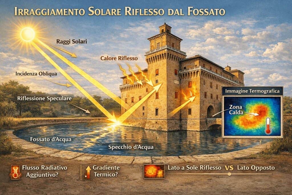umidità di risalita castelli Effetto albedo fossato Castello Estense schema