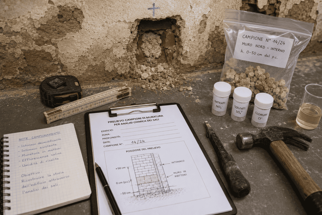Prelievo di campioni di muratura per ricostruire la storia dell'edificio attraverso l'analisi dei sali Prelievo di campioni di muratura per ricostruire la storia dell'edificio attraverso l'analisi dei sali