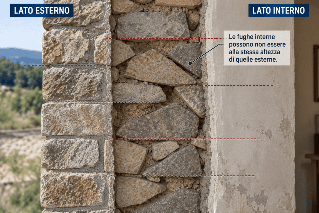 Sezione interna di una muratura in sasso con pietre malta vuoti e rincalzi Fori di barriera chimica eseguiti lungo le fughe di una muratura in pietra