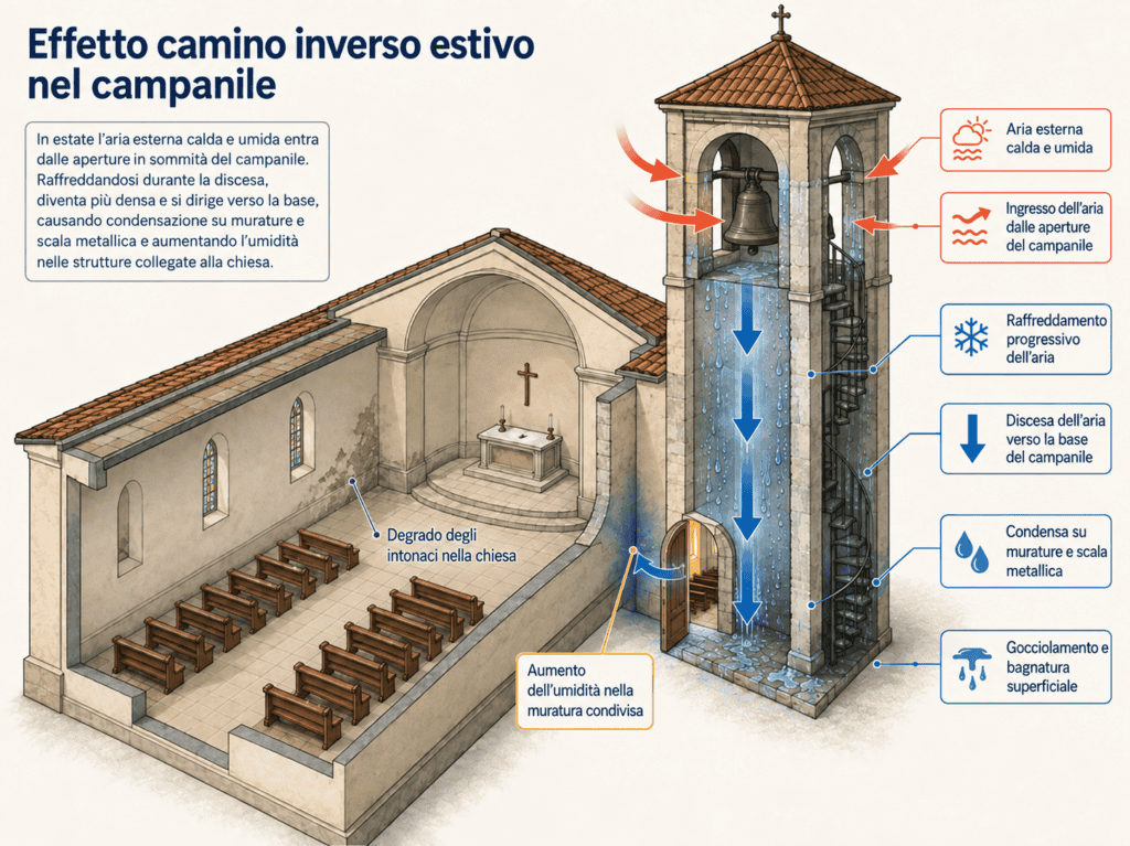 Effetto camino inverso estivo nel campanile con formazione di condensa