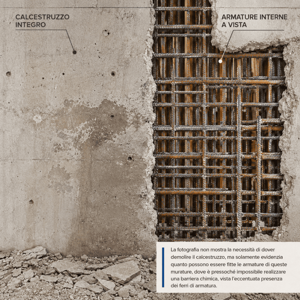 Mappatura delle armature interne in una parete portante controterra prima di eseguire fori nel cemento armato Mappatura delle armature interne in una parete portante controterra prima di eseguire fori nel cemento armato