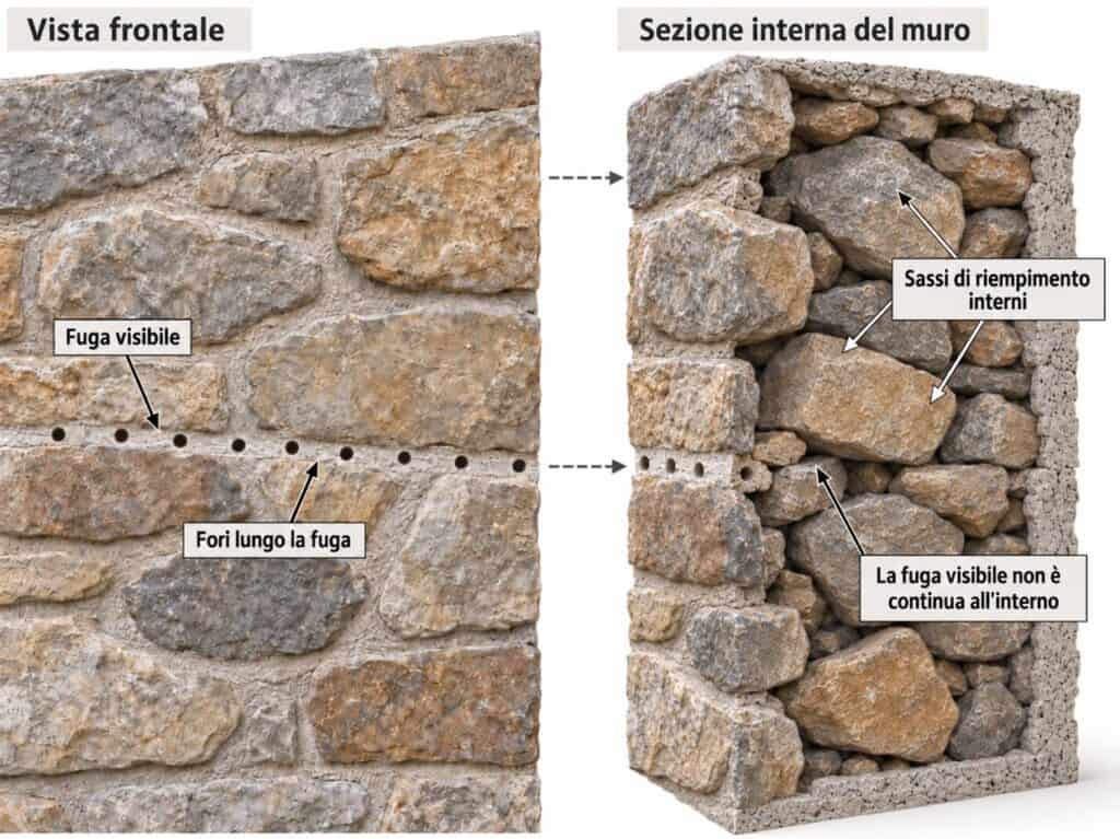 Sezione interna di una muratura in pietrame con vuoti, malta e sassi di rincalzo
