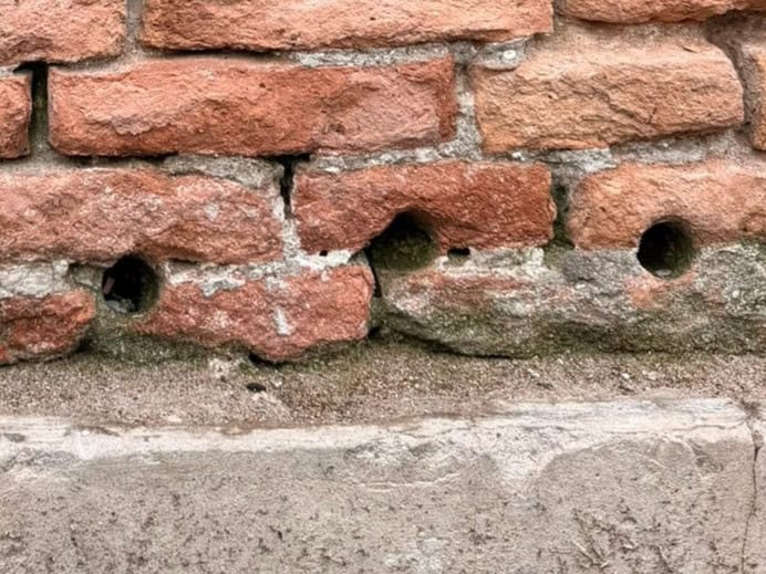 Dettaglio dei fori della barriera chimica tra mattoni e fughe