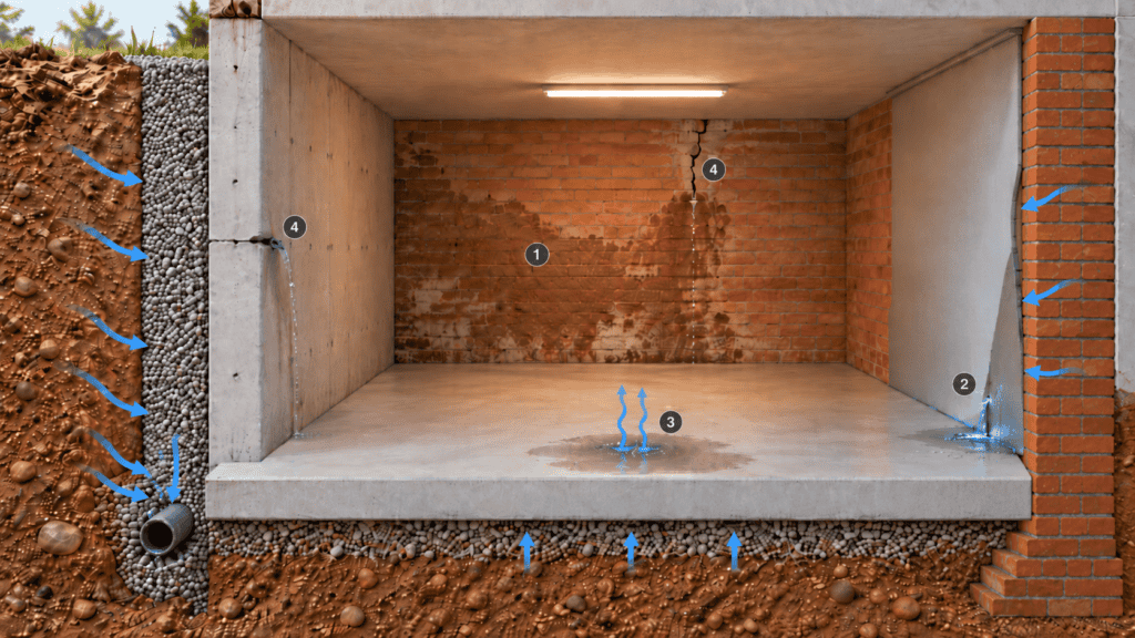 Possibili percorsi di infiltrazione dell’acqua in un seminterrato controterra